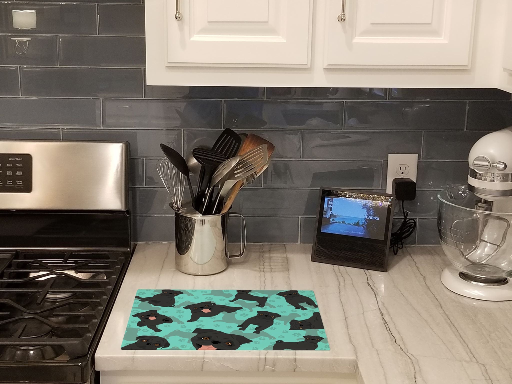 Black Pug Cutting Board Tempered Glass Kitchen Cutting Surface, Heat Resistant Chopping, Non-Slip Feet, Food Prep & Serving