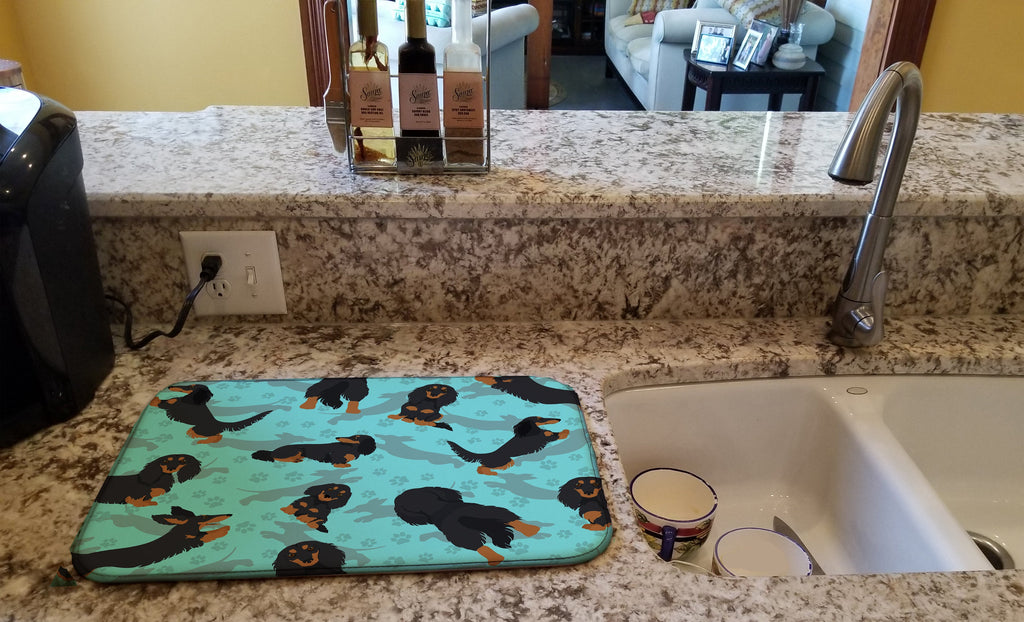 Longhaired Black Tan Dachshund Dish Drying Mat Absorbent Dish Drying Mat Pad for Kitchen Counter Dish Drainer Mat for Countertop, 14 x 21", Multicolor