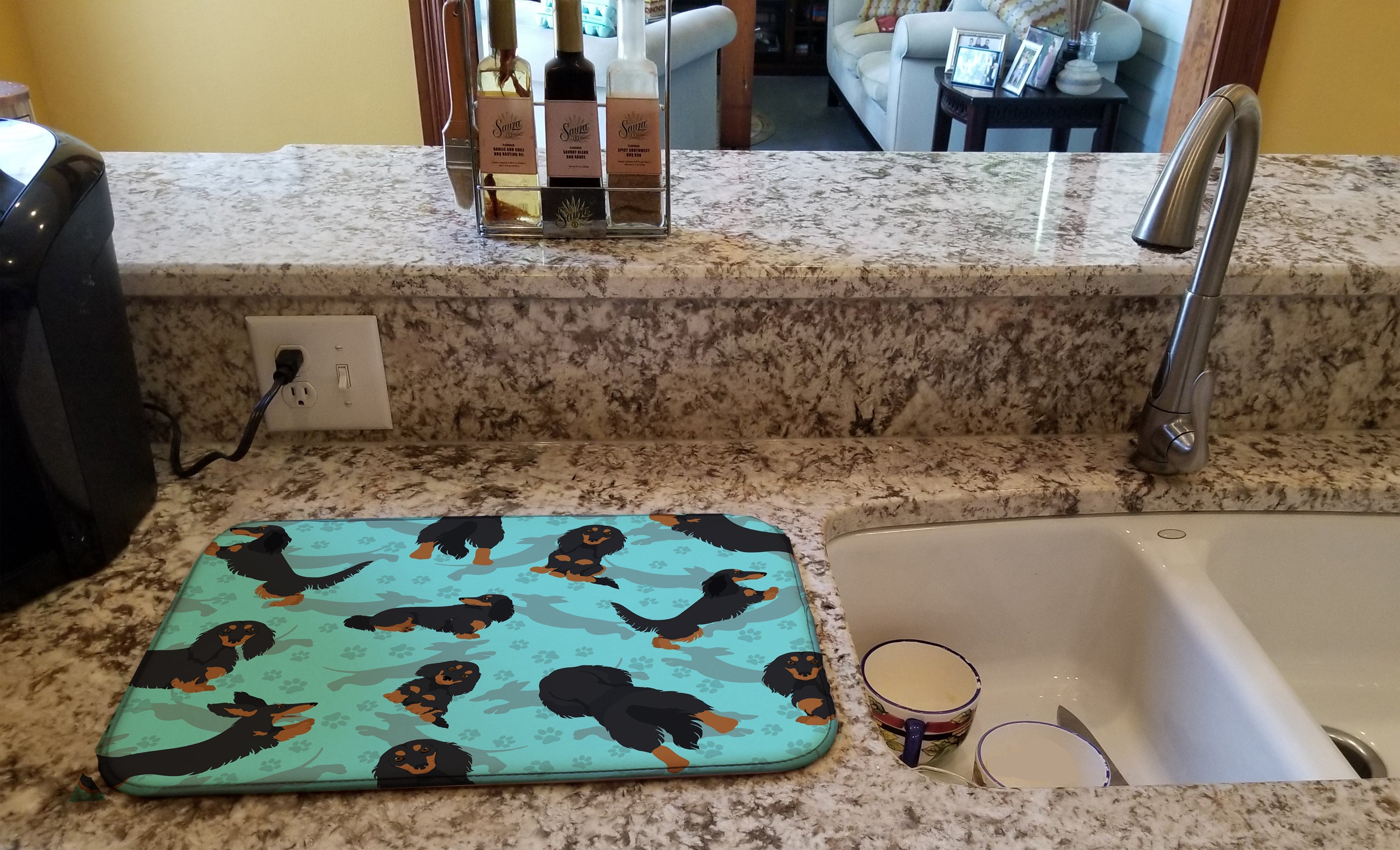 Longhaired Black Tan Dachshund Dish Drying Mat Absorbent Dish Drying Mat Pad for Kitchen Counter Dish Drainer Mat for Countertop, 14 x 21", Multicolor