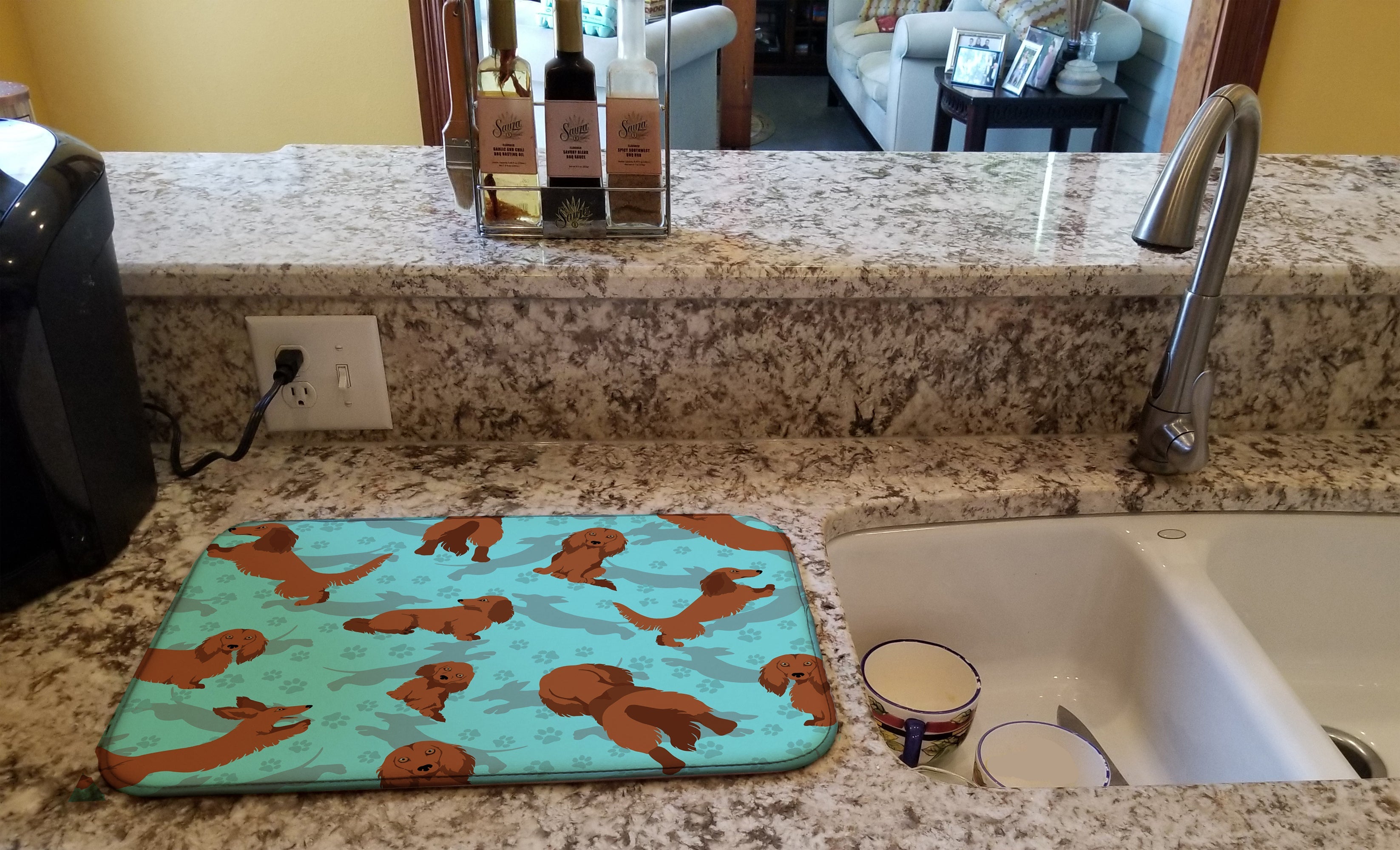 Longhaired Red Dachshund Dish Drying Mat Absorbent Dish Drying Mat Pad for Kitchen Counter Dish Drainer Mat for Countertop, 14 x 21", Multicolor