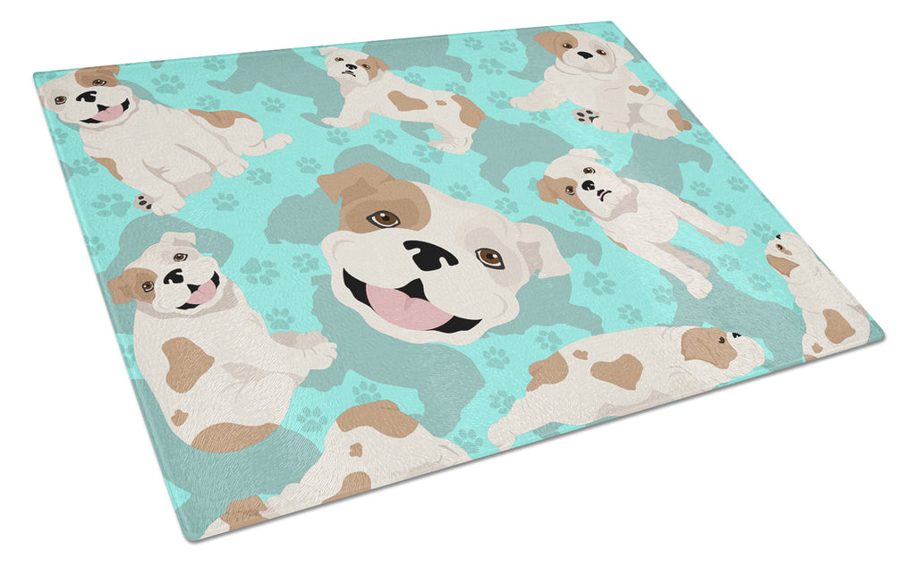 Piebald English Bulldog Cutting Board Tempered Glass Kitchen Cutting Surface, Heat Resistant Chopping, Non-Slip Feet, Food Prep & Serving