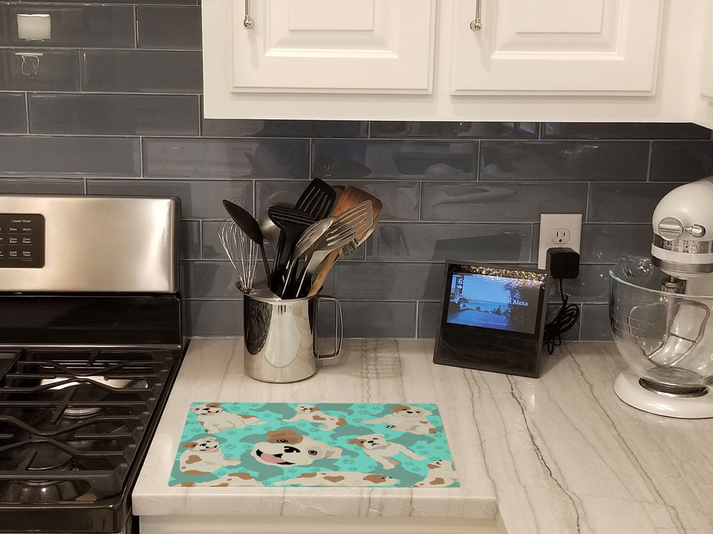 Piebald English Bulldog Cutting Board Tempered Glass Kitchen Cutting Surface, Heat Resistant Chopping, Non-Slip Feet, Food Prep & Serving