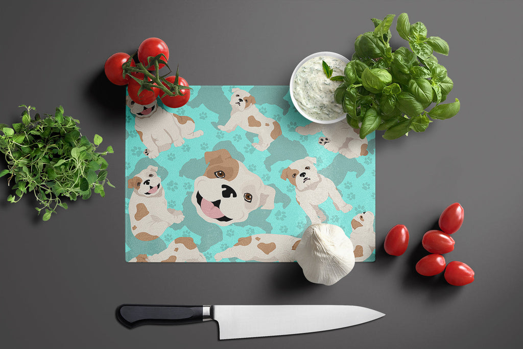 Piebald English Bulldog Cutting Board Tempered Glass Kitchen Cutting Surface, Heat Resistant Chopping, Non-Slip Feet, Food Prep & Serving