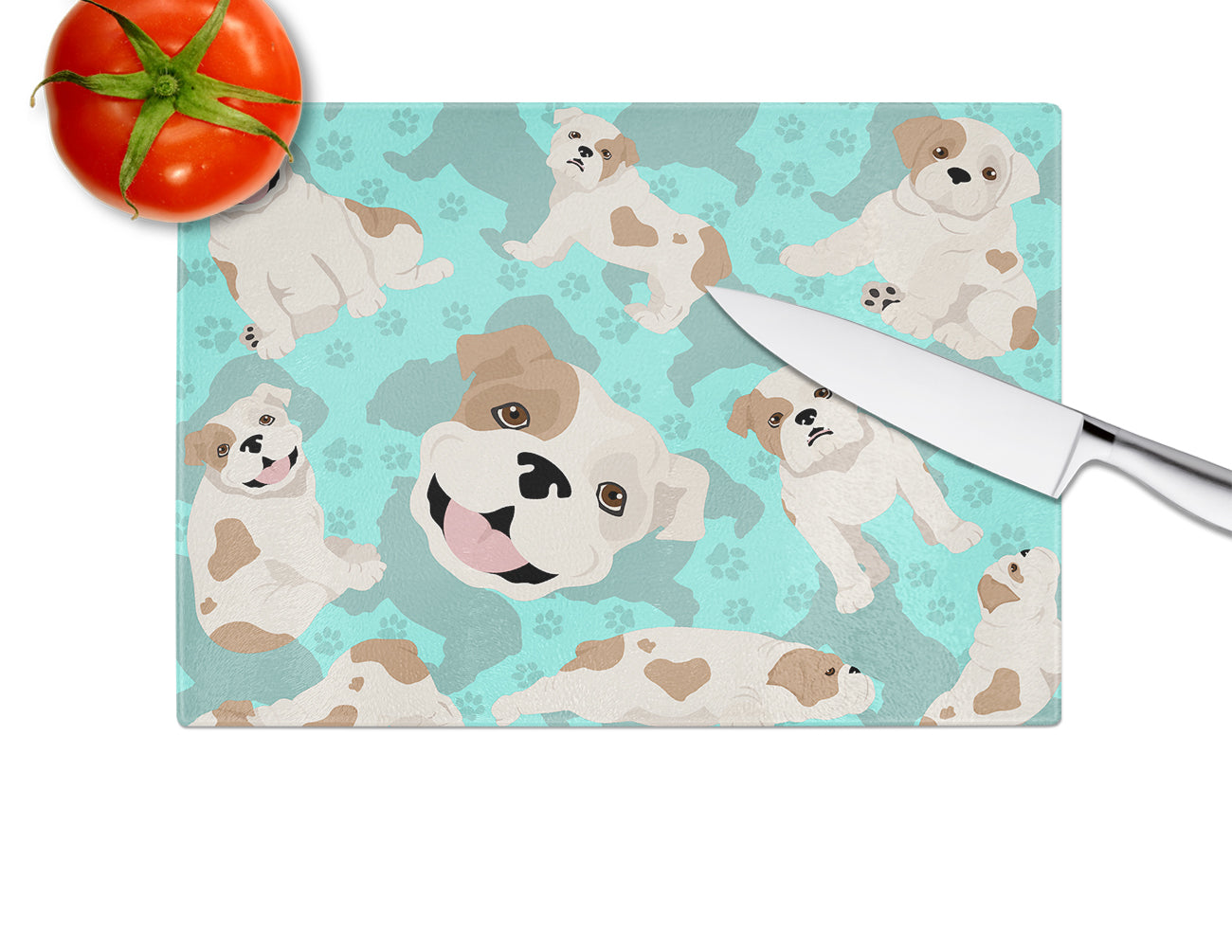 Piebald English Bulldog Cutting Board Tempered Glass Kitchen Cutting Surface, Heat Resistant Chopping, Non-Slip Feet, Food Prep & Serving