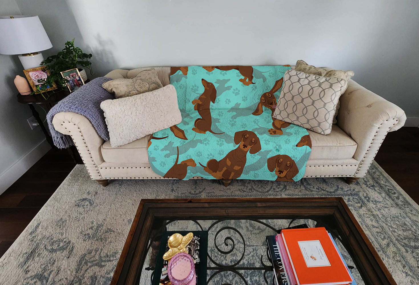 Chocolate and Tan Dachshund Quilted Blanket 50x60 Artwork Pattern Quilted Throw Blanket for Bed, Couch, Sofa, Soft and Lightweight