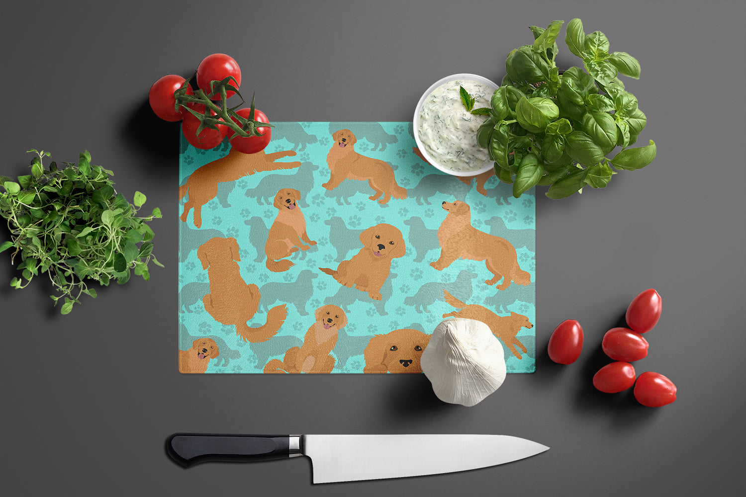 Golden Retriever Cutting Board Tempered Glass Kitchen Cutting Surface, Heat Resistant Chopping, Non-Slip Feet, Food Prep & Serving