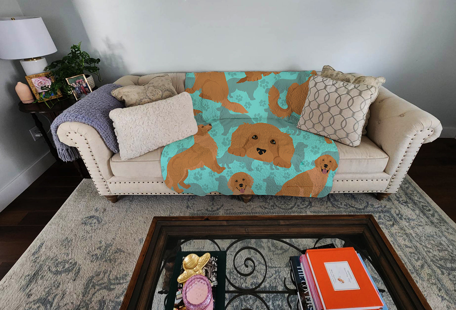 Golden Retriever Quilted Blanket 50x60 Artwork Pattern Quilted Throw Blanket for Bed, Couch, Sofa, Soft and Lightweight