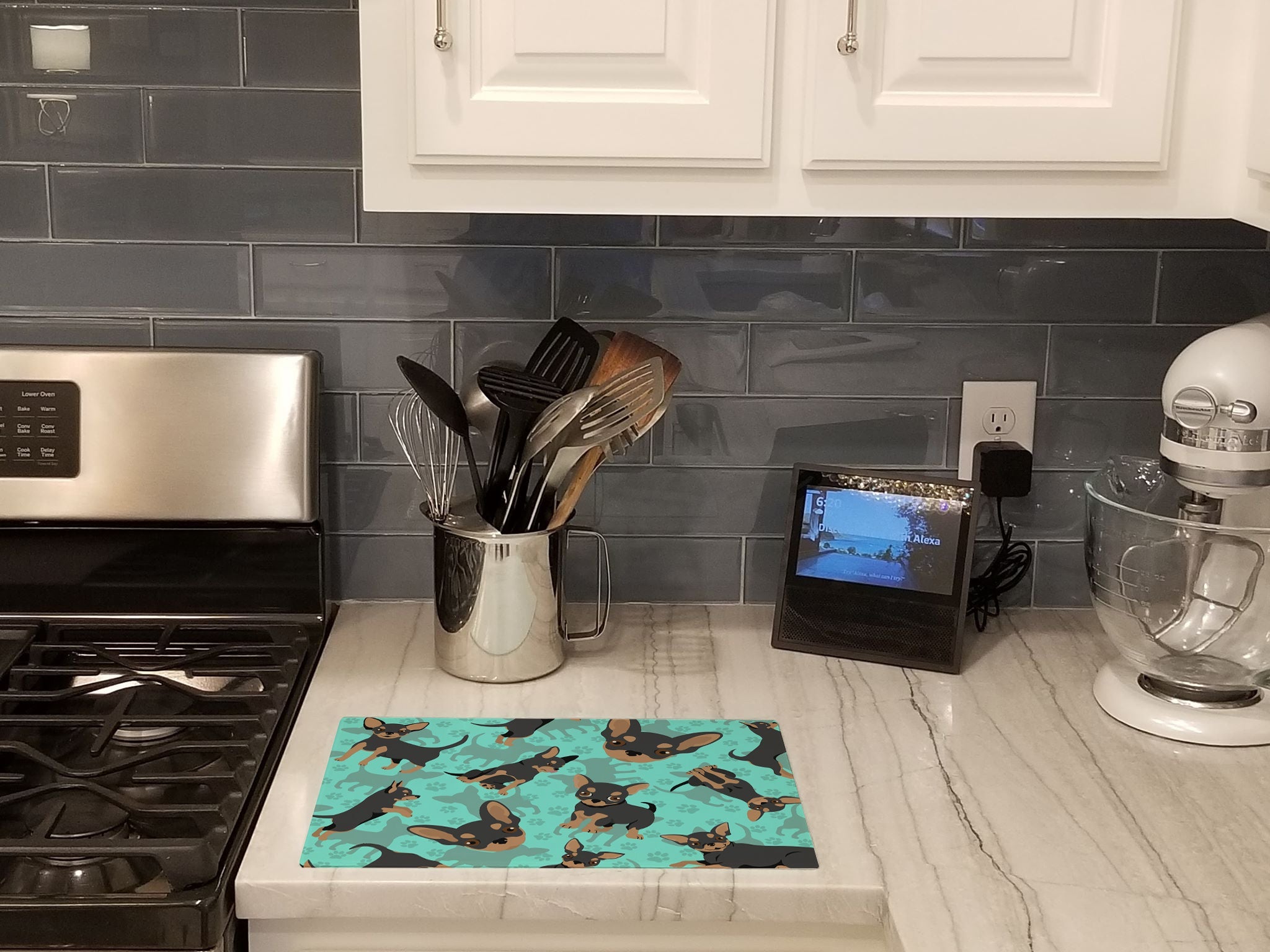 Black and Tan Chihuahua Cutting Board Tempered Glass Kitchen Cutting Surface, Heat Resistant Chopping, Non-Slip Feet, Food Prep & Serving