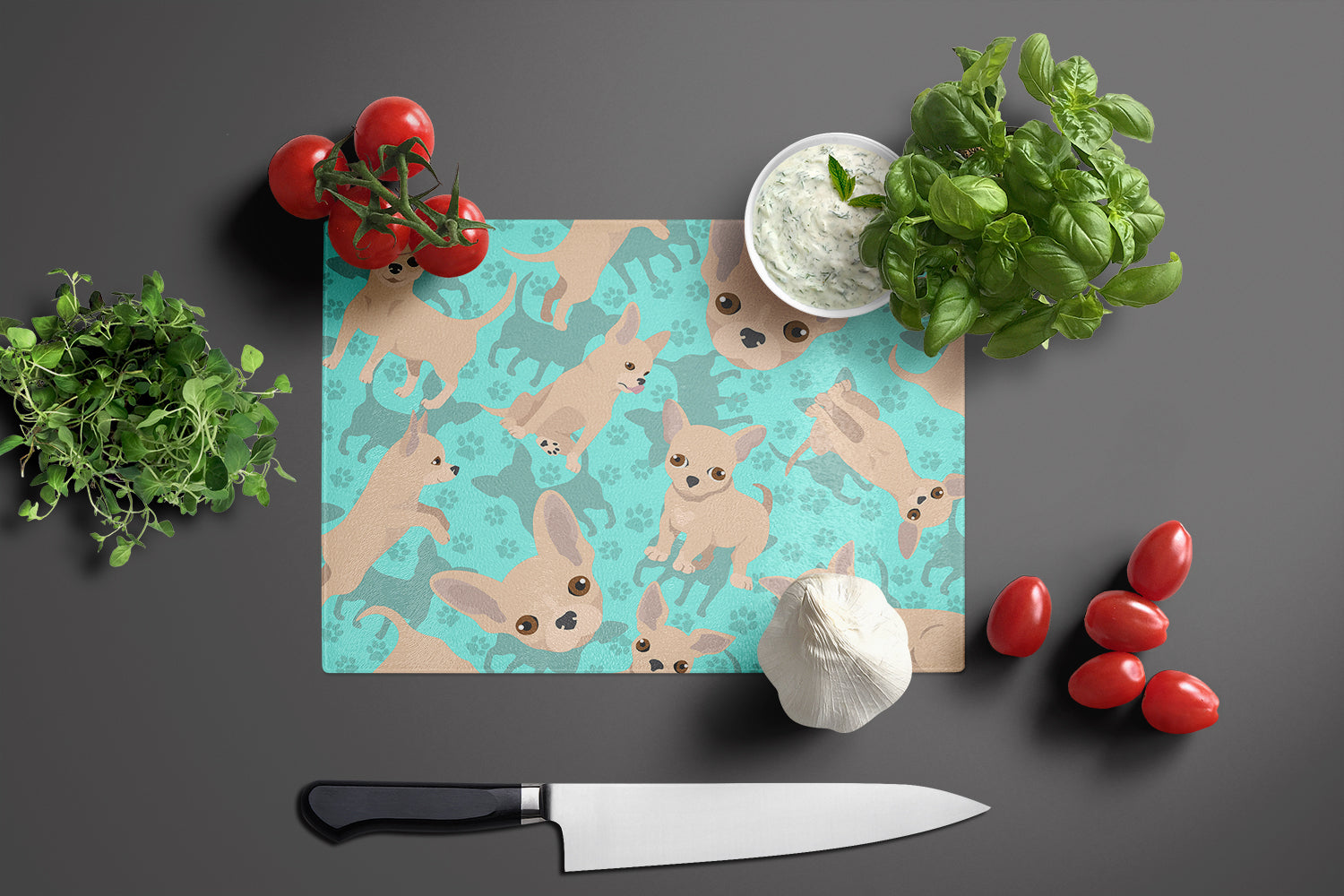 Cream Chihuahua Cutting Board Tempered Glass Kitchen Cutting Surface, Heat Resistant Chopping, Non-Slip Feet, Food Prep & Serving