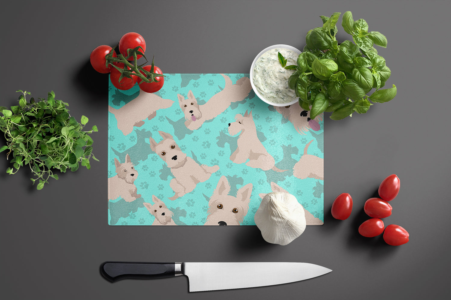 Wheaten Scottish Terrier Cutting Board Tempered Glass Kitchen Cutting Surface, Heat Resistant Chopping, Non-Slip Feet, Food Prep & Serving