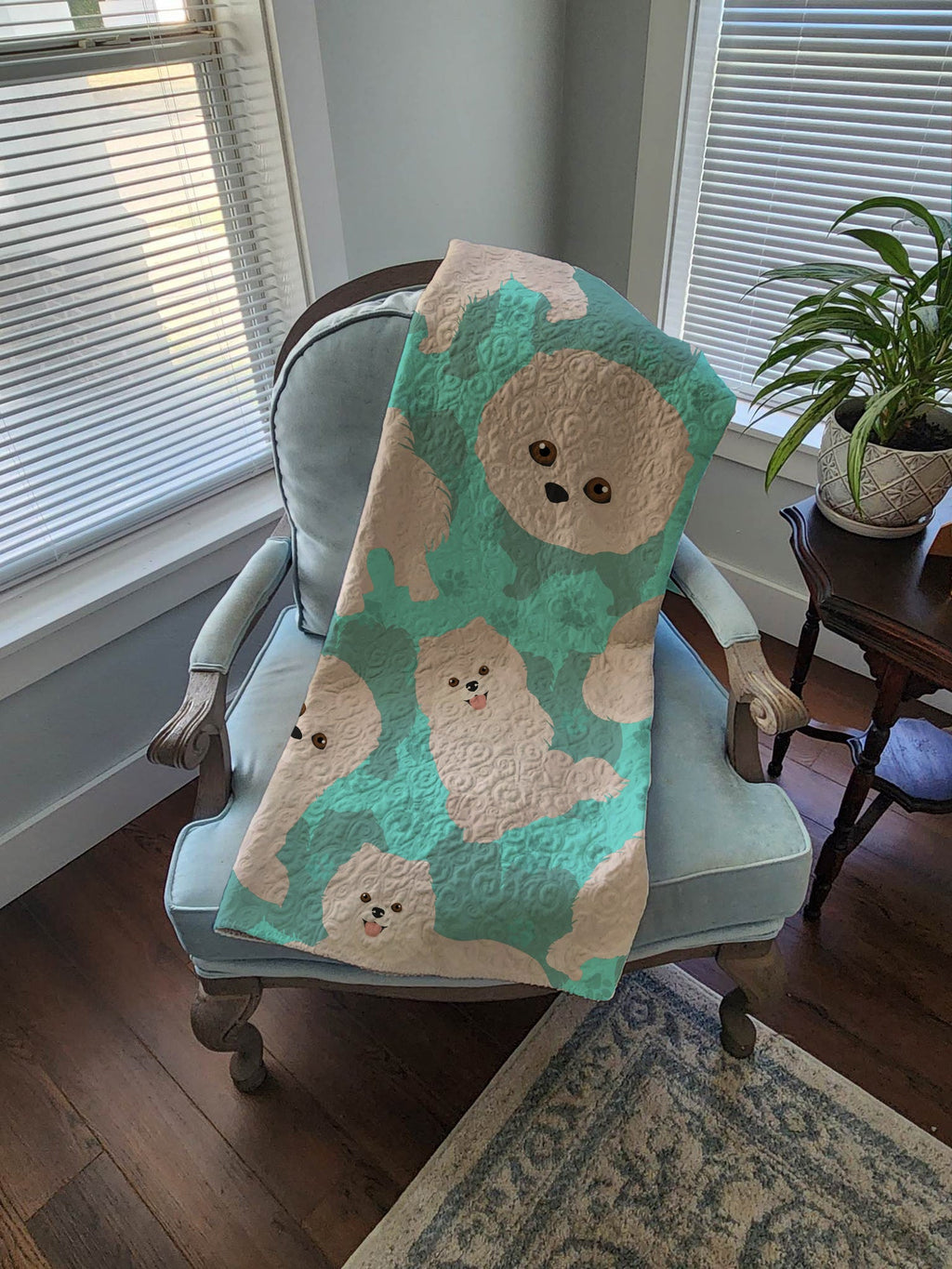 White Pomeranian Quilted Blanket 50x60 Artwork Pattern Quilted Throw Blanket for Bed, Couch, Sofa, Soft and Lightweight