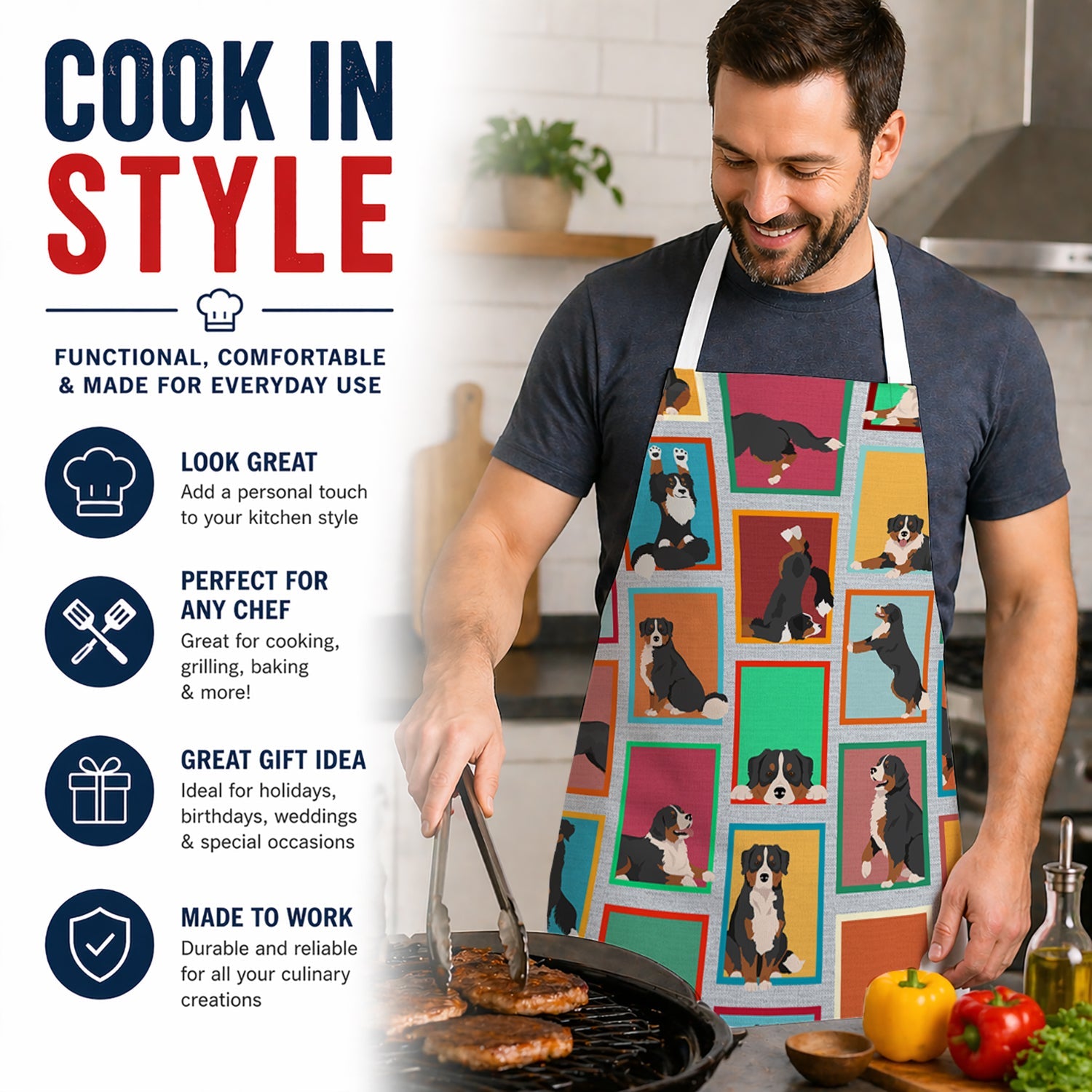 Lots of Bernese Mountain Dog Apron Cooking Kitchen Server Baking Crafts Gardening for Adult Women Men, Unisex, Large, Multicolor