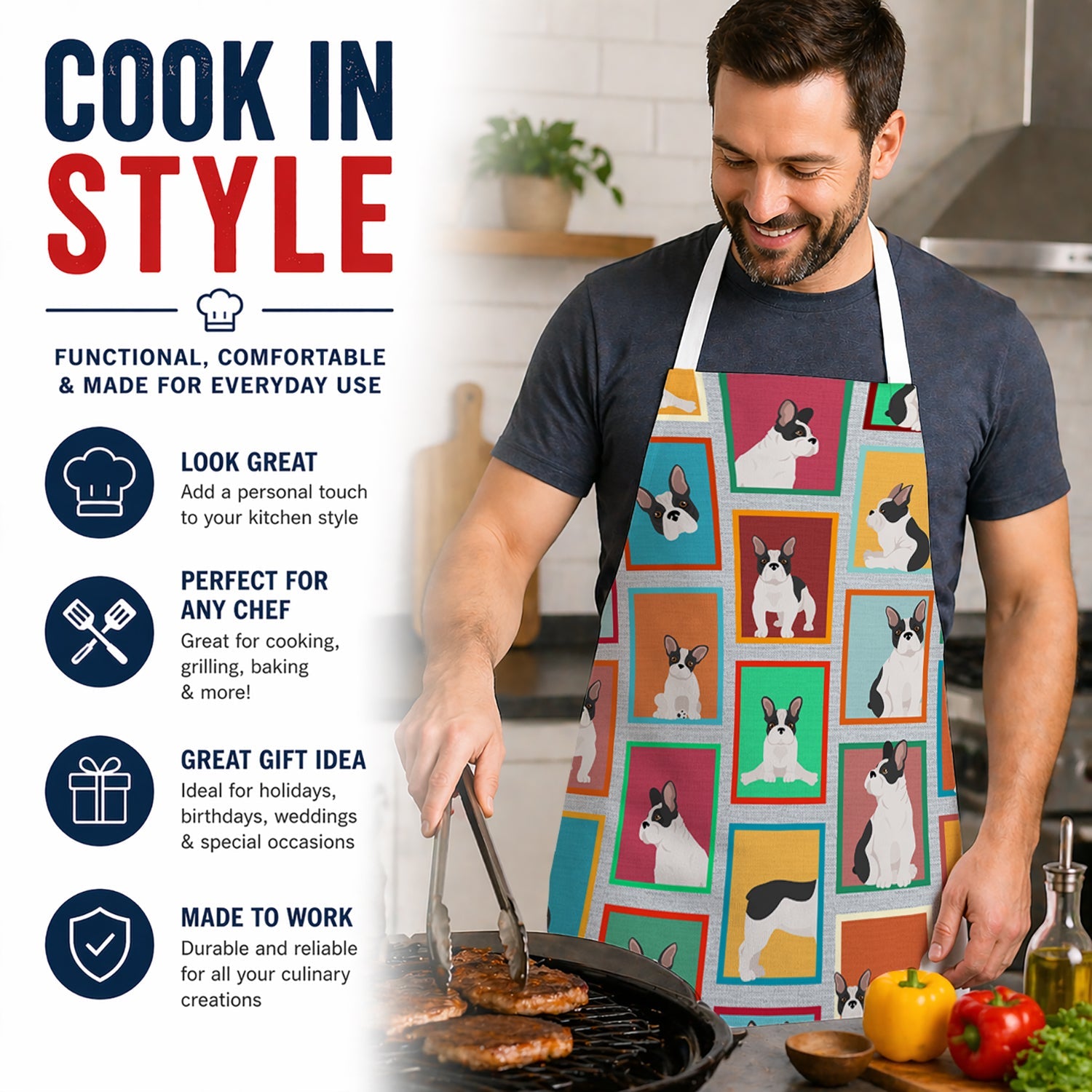 Lots of Black and White French Bulldog Apron Cooking Kitchen Server Baking Crafts Gardening for Adult Women Men, Unisex, Large, Multicolor