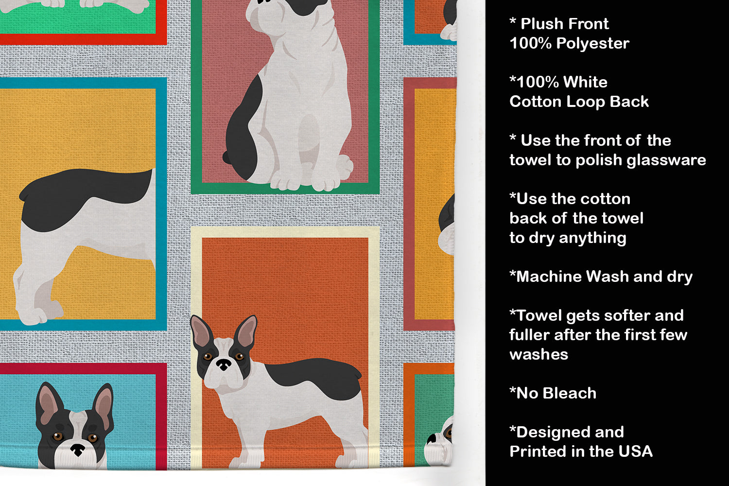 Lots of Black and White French Bulldog Kitchen Towel Velour Plush Front and Cotton Loop Back Machine Washable
