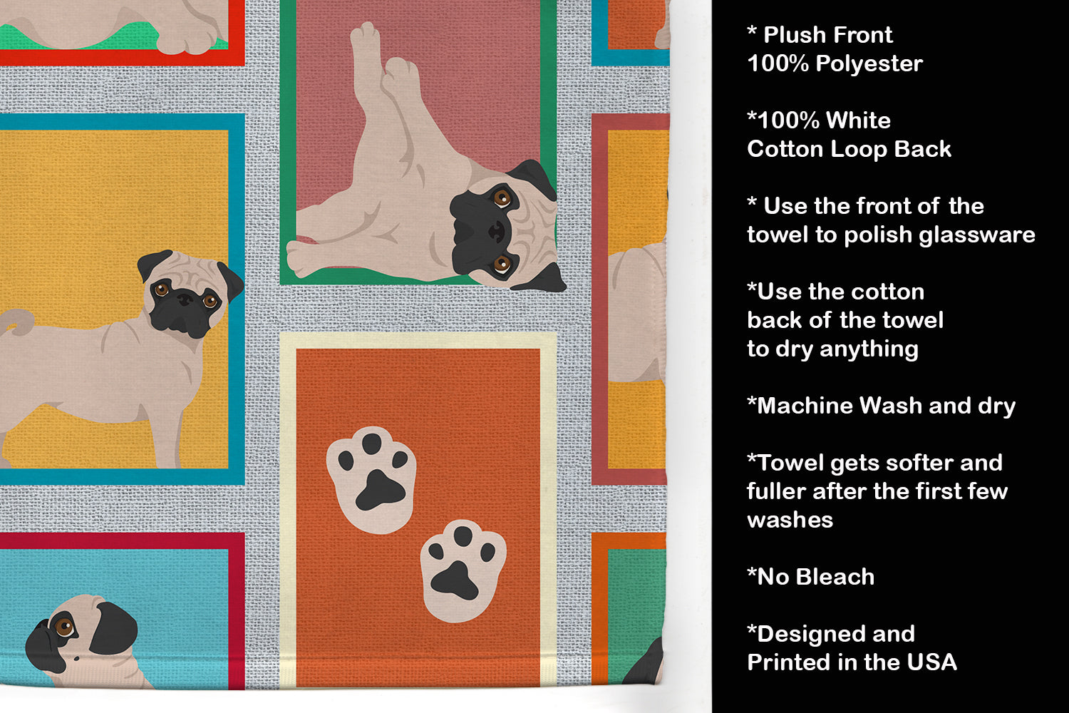 Lots of Fawn Pug Kitchen Towel Velour Plush Front and Cotton Loop Back Machine Washable