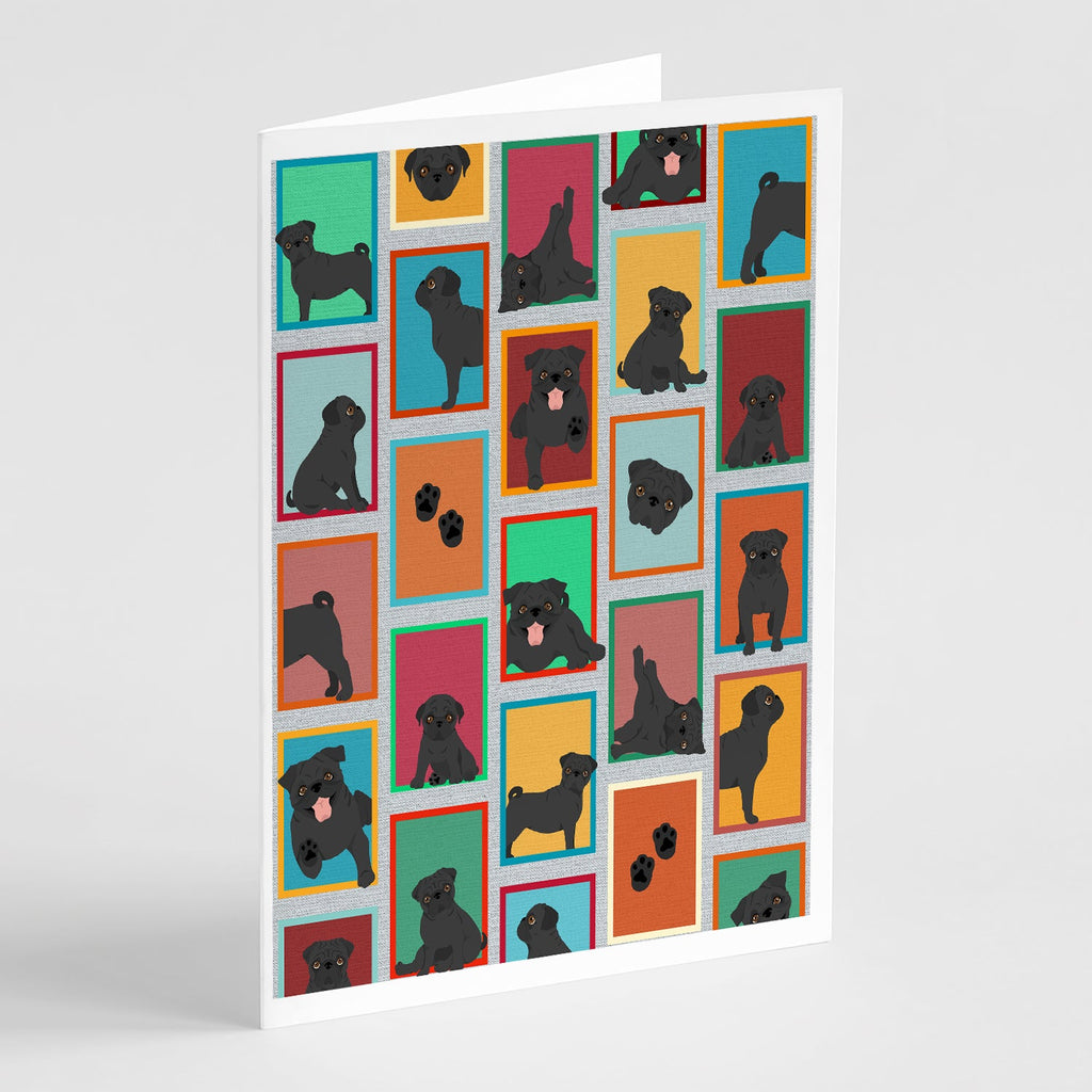 Lots of Black Pug Greeting Cards Pack of 8 Blank Cards with Envelopes Whimsical A7 Size 5x7