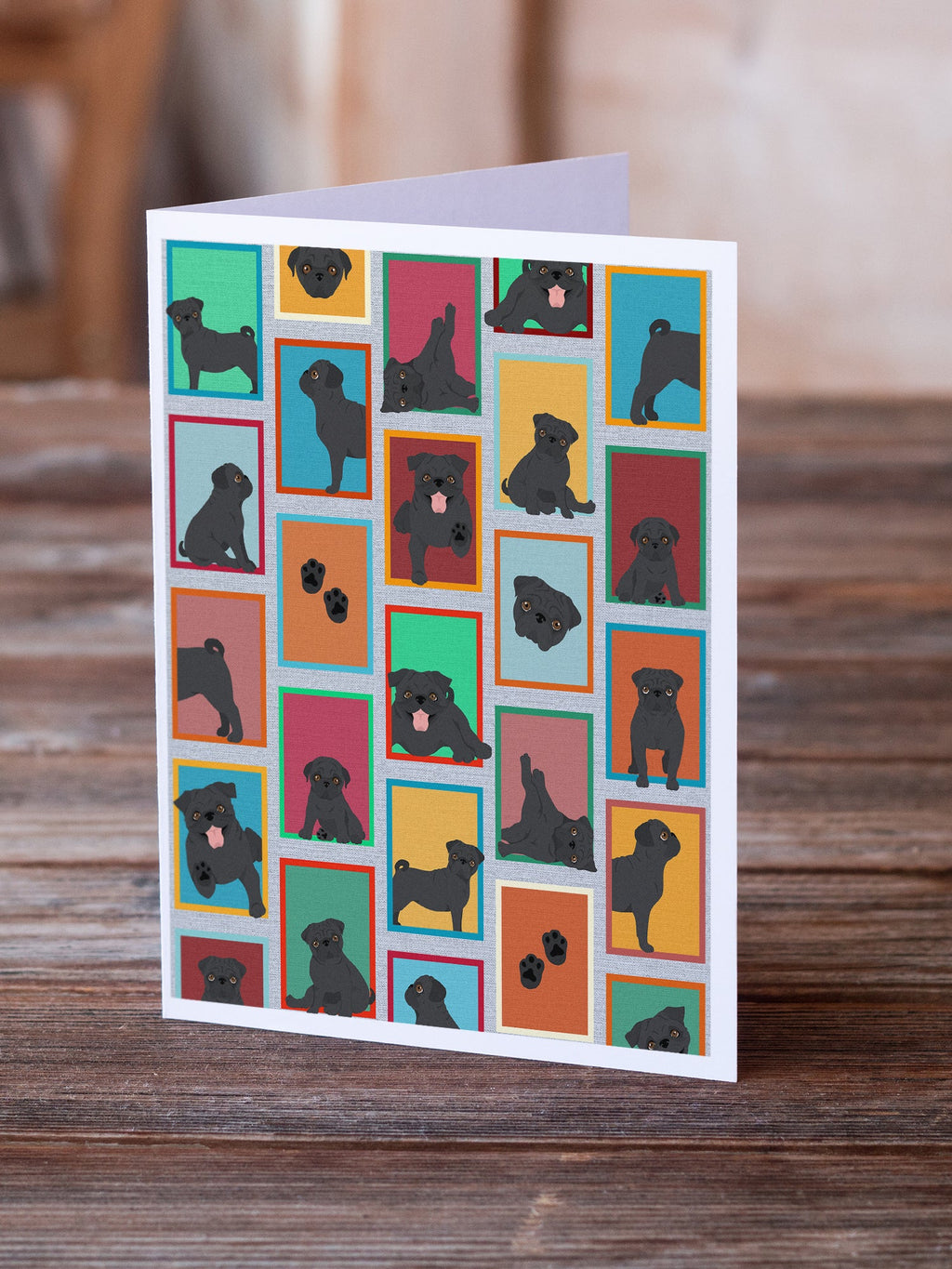 Lots of Black Pug Greeting Cards Pack of 8 Blank Cards with Envelopes Whimsical A7 Size 5x7