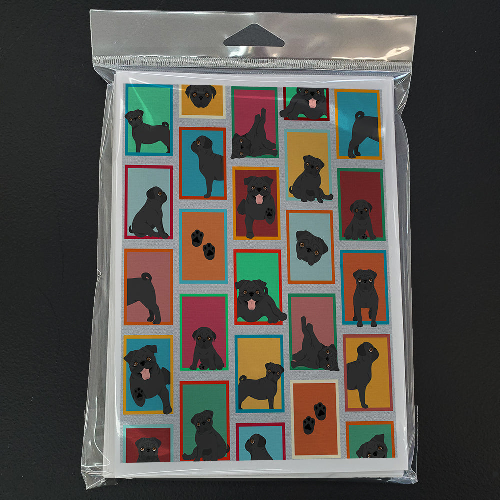 Lots of Black Pug Greeting Cards Pack of 8 Blank Cards with Envelopes Whimsical A7 Size 5x7