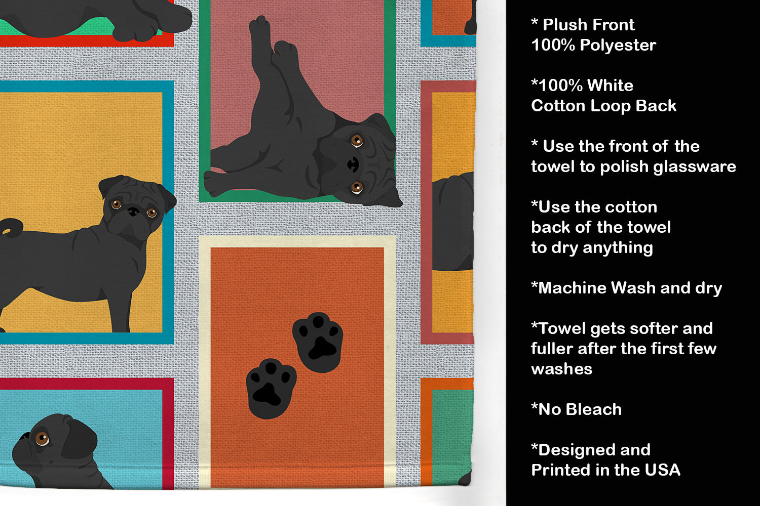 Lots of Black Pug Kitchen Towel Velour Plush Front and Cotton Loop Back Machine Washable