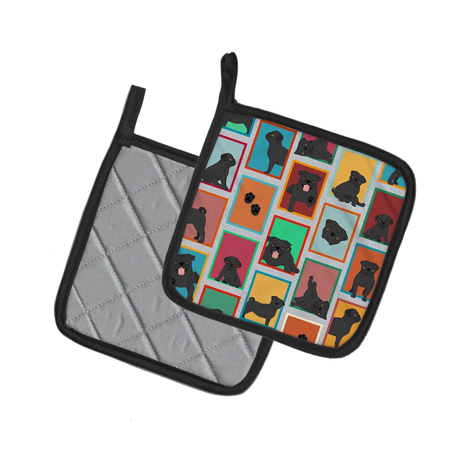 Lots of Black Pug Pot Holder Set of 2 Heat Resistant Quilted Hot Pads 7.5 x 7.5 Inch, Insulated Kitchen Trivets for Cooking & Baking