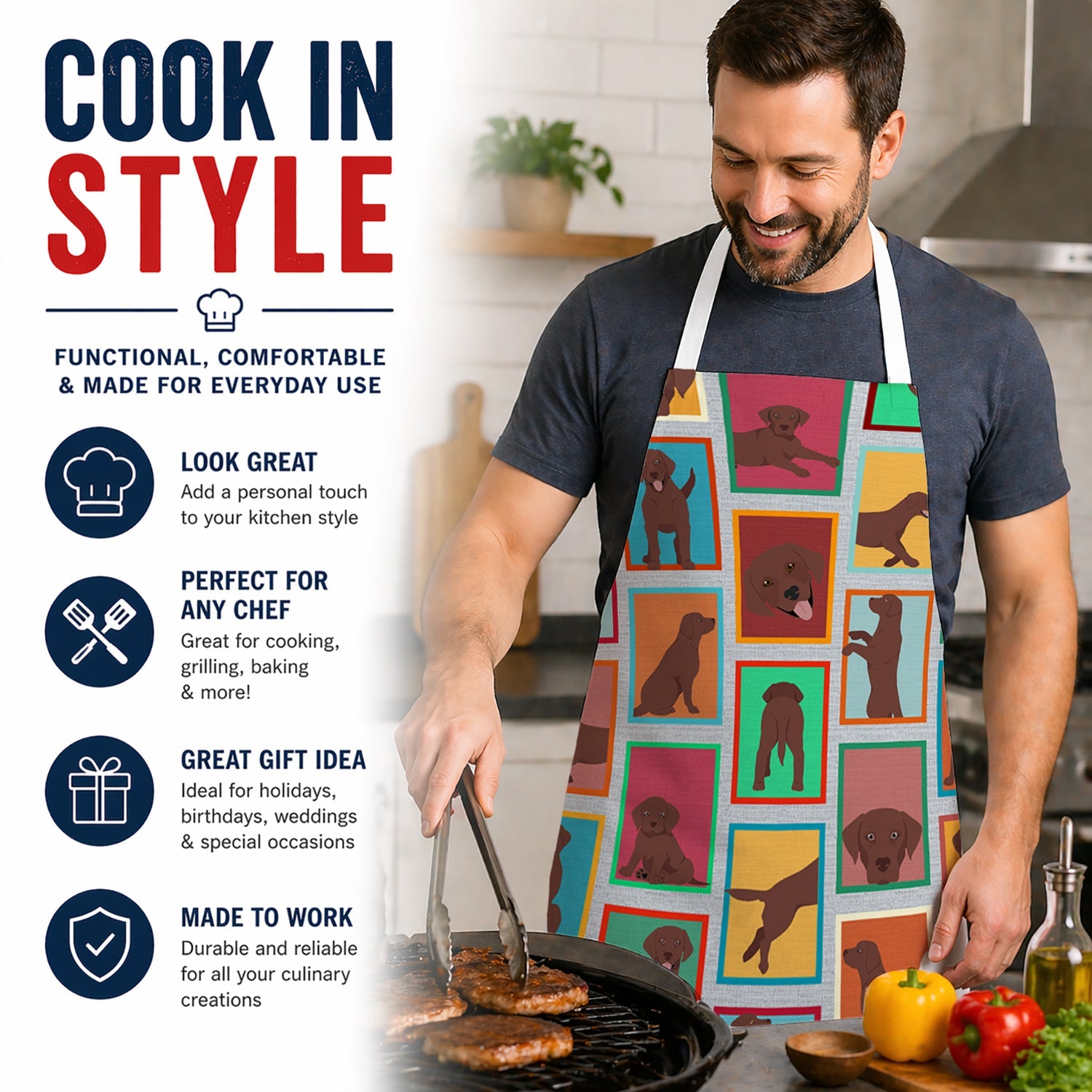 Lots of Chocolate Labrador Retriever Apron Cooking Kitchen Server Baking Crafts Gardening for Adult Women Men, Unisex, Large, Multicolor