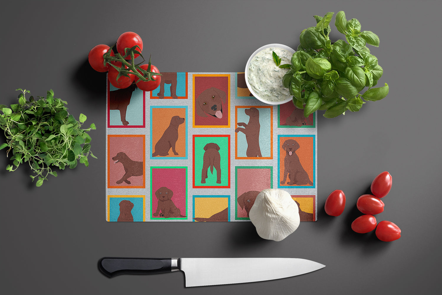 Lots of Chocolate Labrador Retriever Cutting Board Tempered Glass Kitchen Cutting Surface, Heat Resistant Chopping, Non-Slip Feet, Food Prep & Serving
