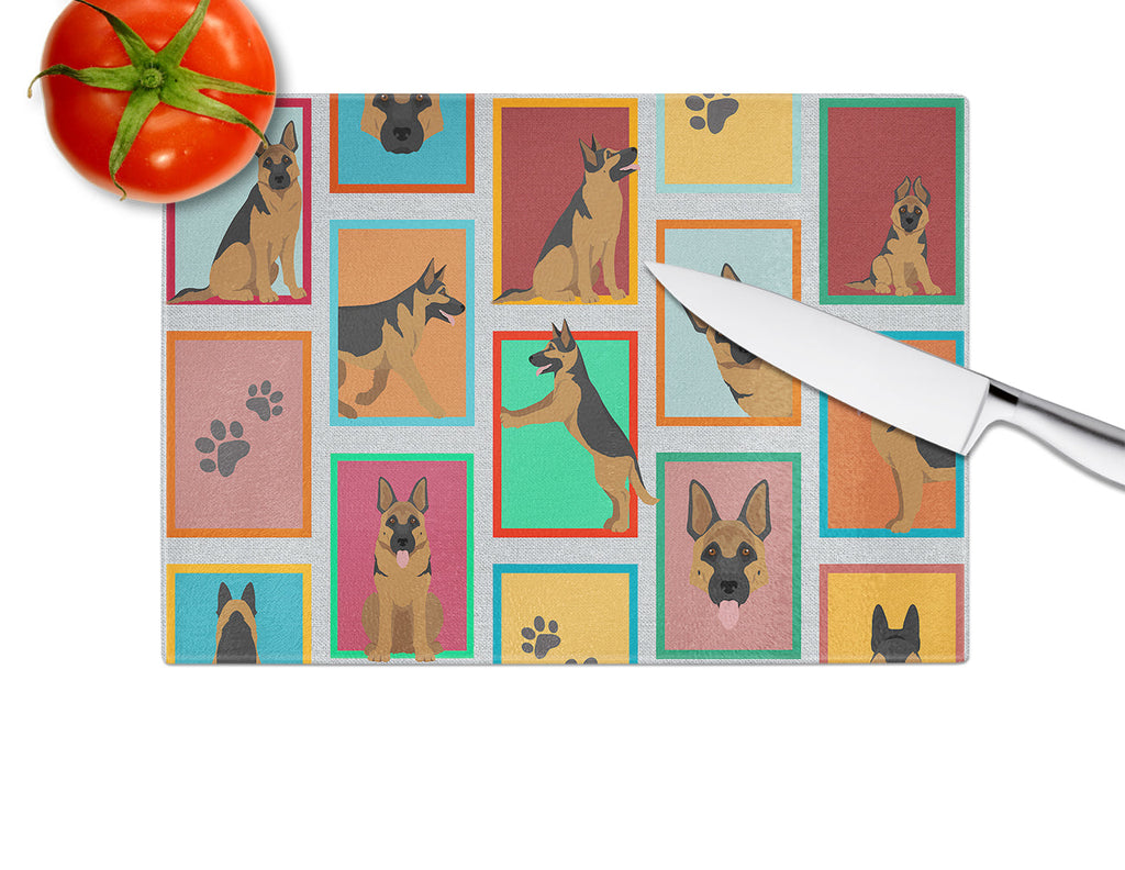 Lots of German Shepherd Cutting Board Tempered Glass Kitchen Cutting Surface, Heat Resistant Chopping, Non-Slip Feet, Food Prep & Serving