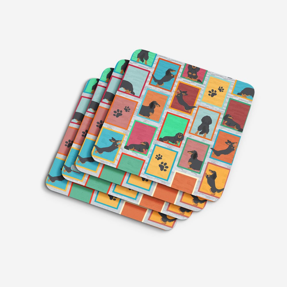 Lots of Longhaired Black Tan Dachshund Foam Coasters Set of 4 Cup Coasters for Indoor Outdoor, Tabletop Protection, Anti Slip, Mouse pad Material