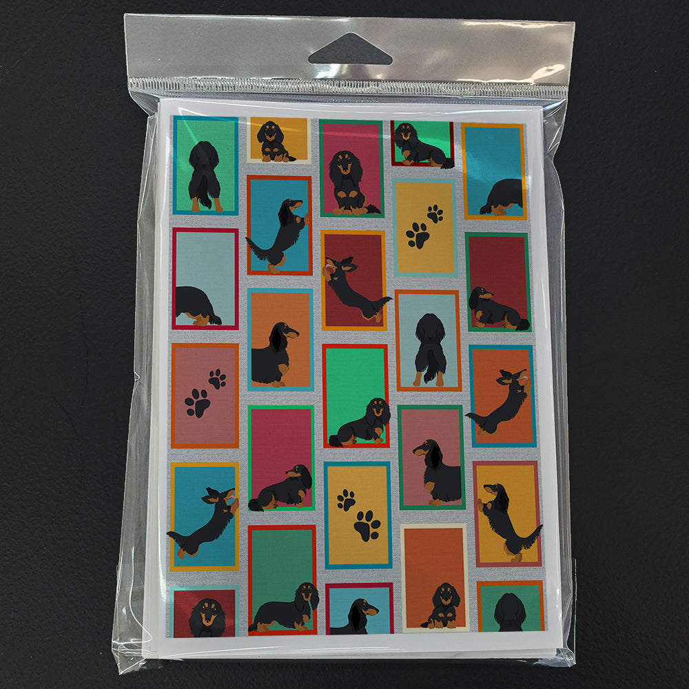 Lots of Longhaired Black Tan Dachshund Greeting Cards Pack of 8 Blank Cards with Envelopes Whimsical A7 Size 5x7