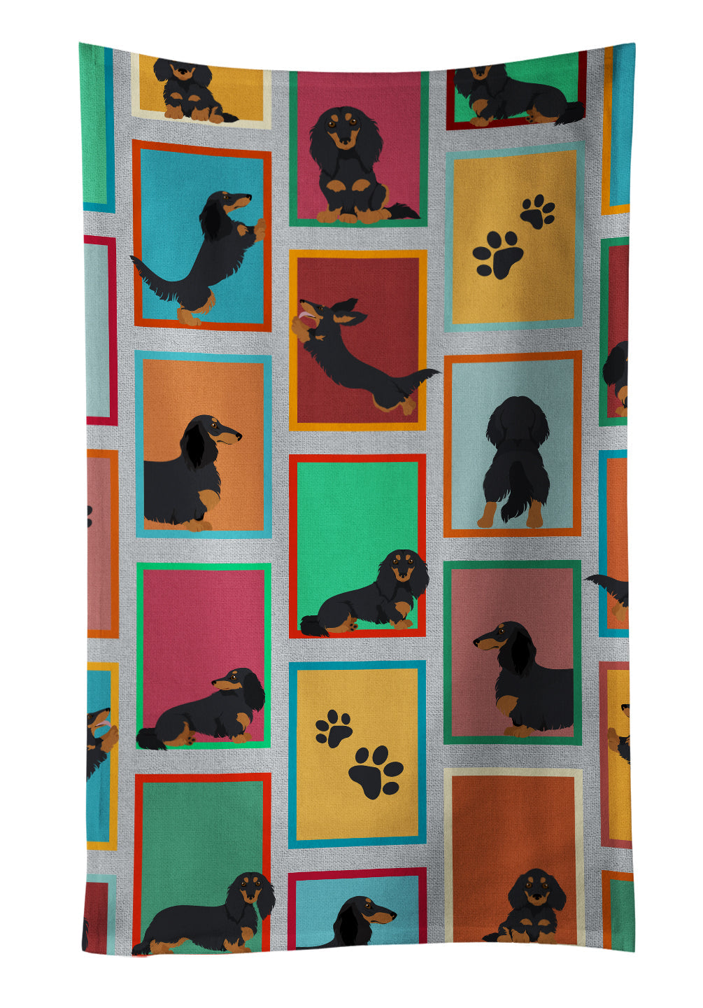 Lots of Longhaired Black Tan Dachshund Kitchen Towel Velour Plush Front and Cotton Loop Back Machine Washable