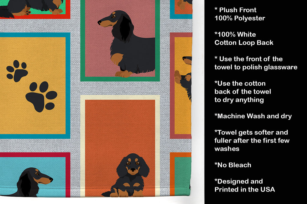 Lots of Longhaired Black Tan Dachshund Kitchen Towel Velour Plush Front and Cotton Loop Back Machine Washable