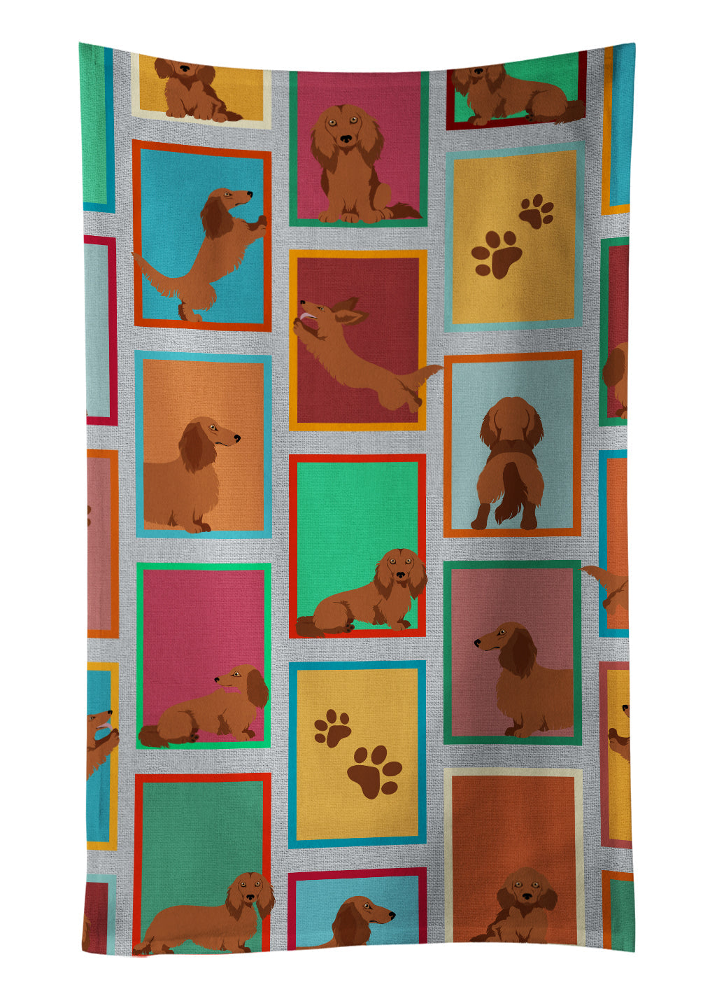 Lots of Longhaired Red Dachshund Kitchen Towel Velour Plush Front and Cotton Loop Back Machine Washable