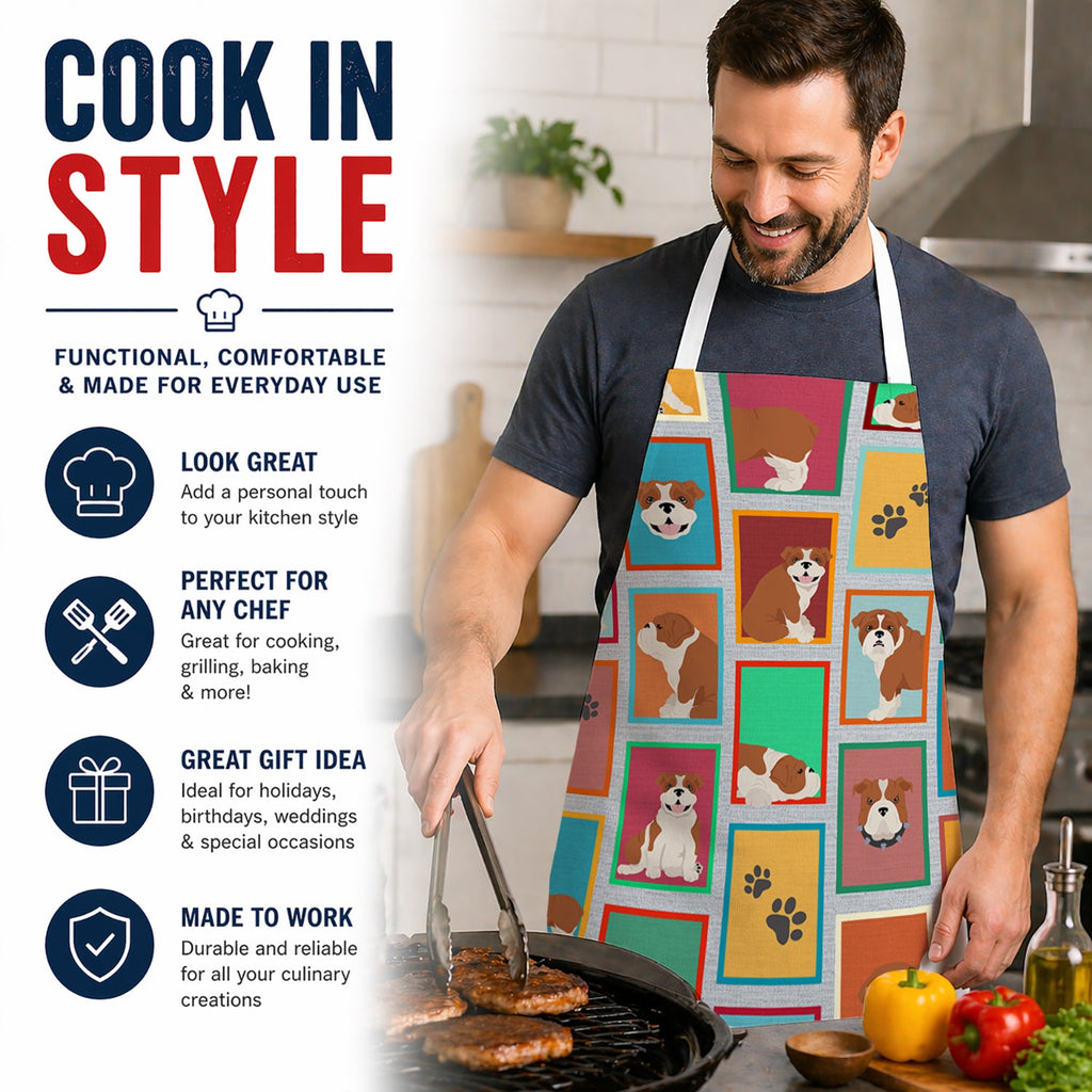 Lots of Red and White English Bulldog Apron Cooking Kitchen Server Baking Crafts Gardening for Adult Women Men, Unisex, Large, Multicolor
