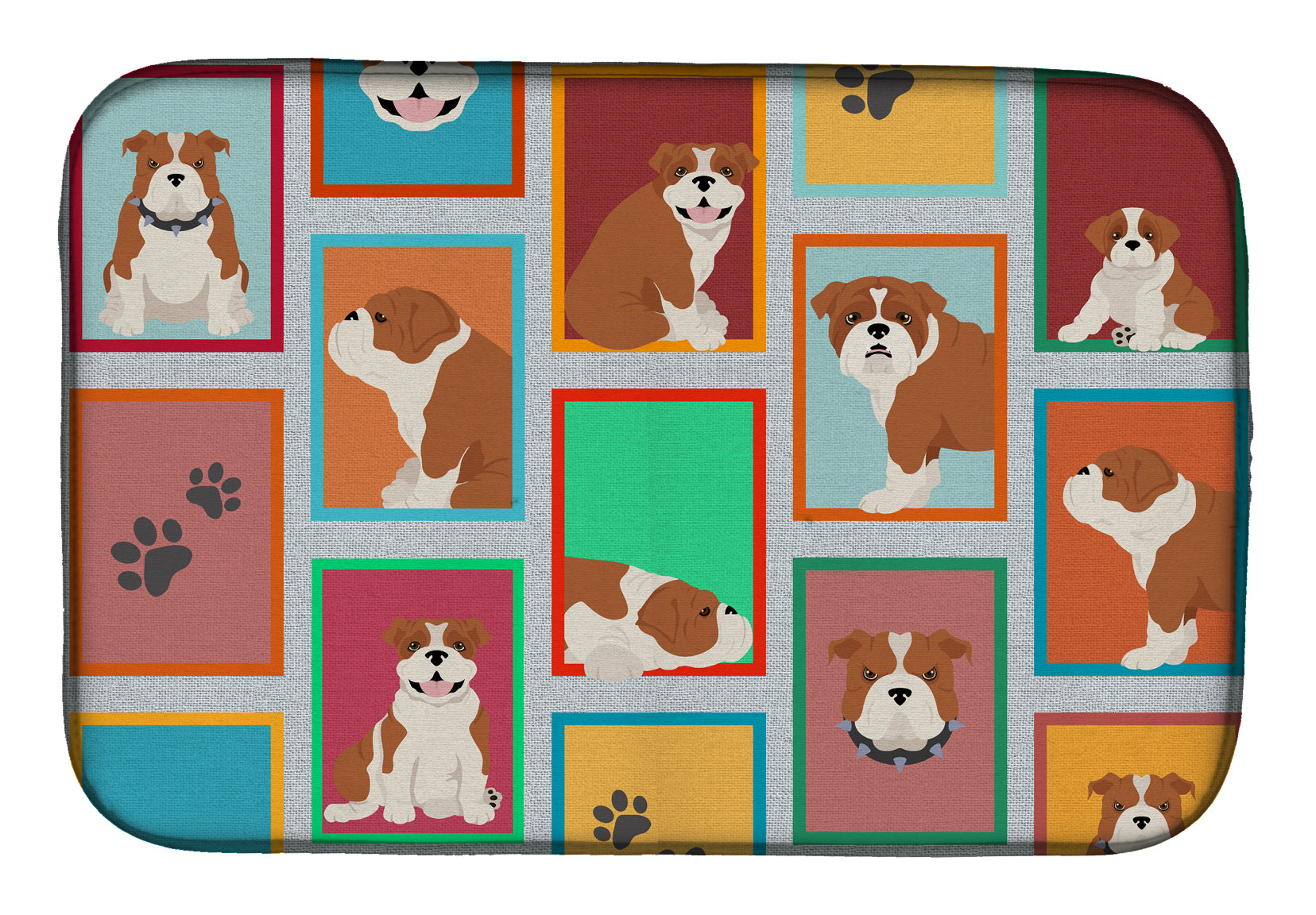Lots of Red and White English Bulldog Dish Drying Mat Absorbent Dish Drying Mat Pad for Kitchen Counter Dish Drainer Mat for Countertop, 14 x 21", Multicolor