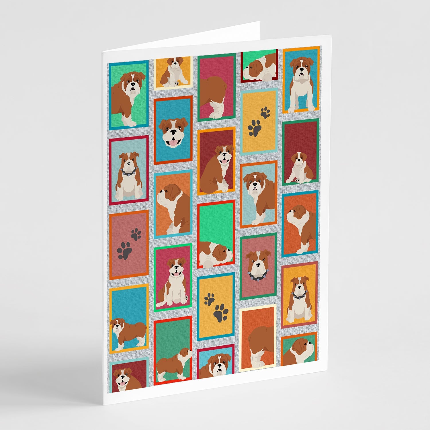 Lots of Red and White English Bulldog Greeting Cards Pack of 8 Blank Cards with Envelopes Whimsical A7 Size 5x7