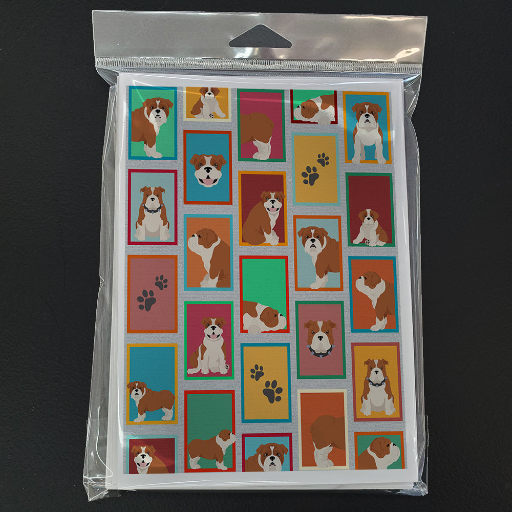 Lots of Red and White English Bulldog Greeting Cards Pack of 8 Blank Cards with Envelopes Whimsical A7 Size 5x7
