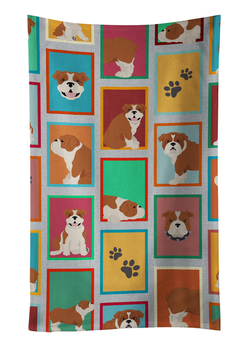 Lots of Red and White English Bulldog Kitchen Towel Velour Plush Front and Cotton Loop Back Machine Washable