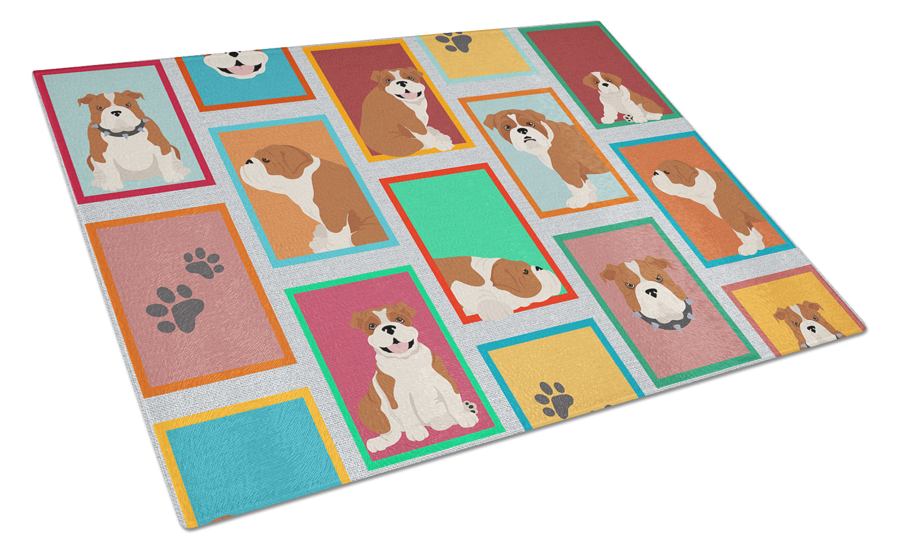 Lots of Red and White English Bulldog Cutting Board Tempered Glass Kitchen Cutting Surface, Heat Resistant Chopping, Non-Slip Feet, Food Prep & Serving