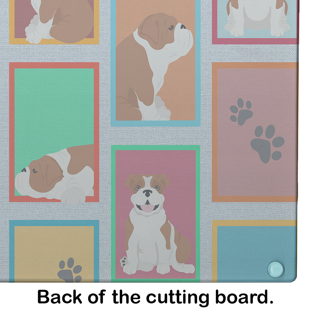Lots of Red and White English Bulldog Cutting Board Tempered Glass Kitchen Cutting Surface, Heat Resistant Chopping, Non-Slip Feet, Food Prep & Serving