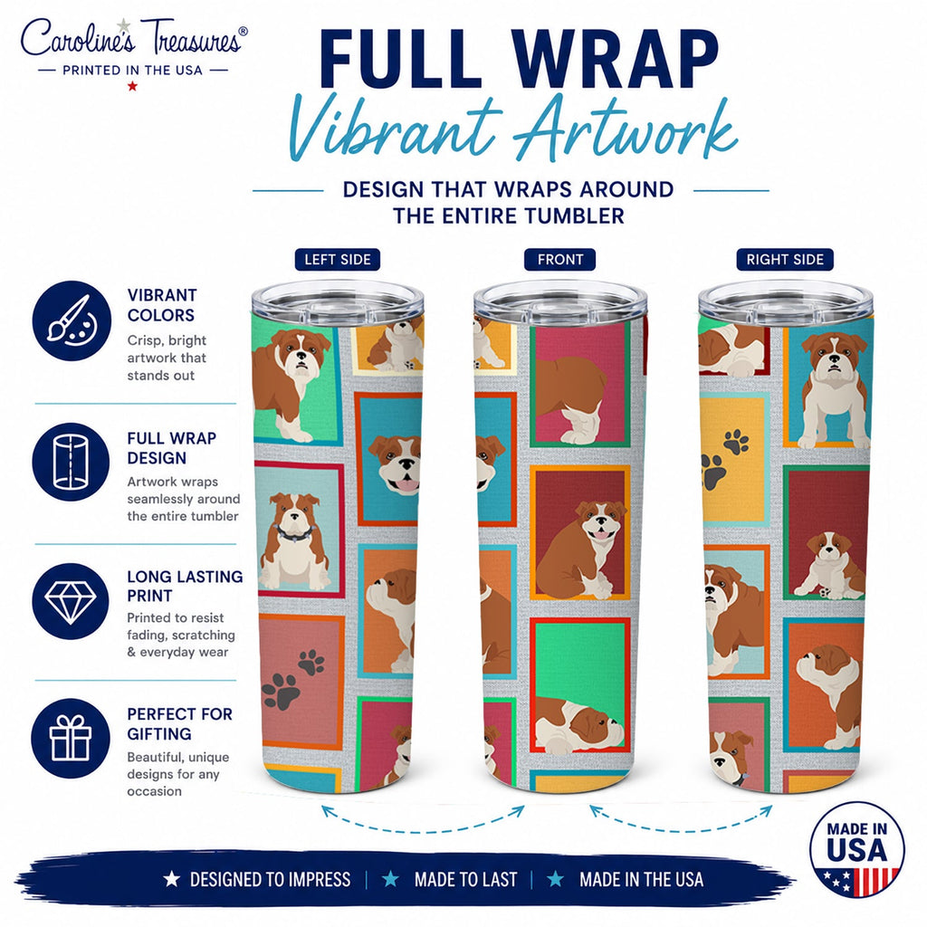 Lots of Red and White English Bulldog Stainless Steel Skinny Tumbler 20 oz Vacuum Double Walled Reusable Insulated Travel Cup