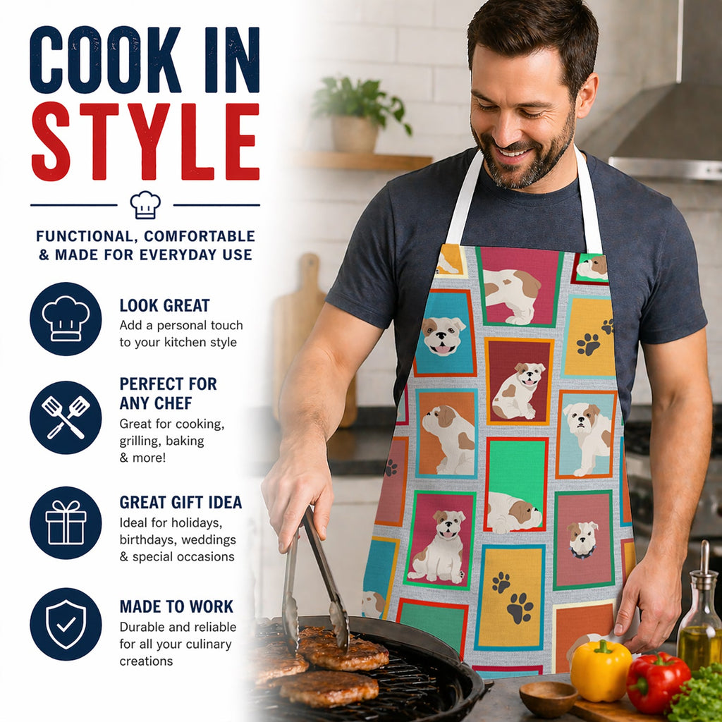 Lots of Piebald English Bulldog Apron Cooking Kitchen Server Baking Crafts Gardening for Adult Women Men, Unisex, Large, Multicolor