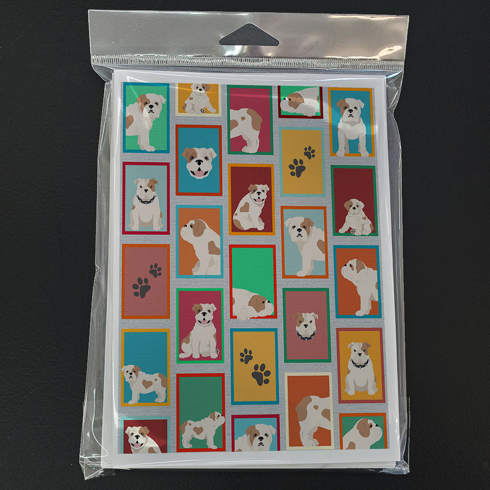 Lots of Piebald English Bulldog Greeting Cards Pack of 8 Blank Cards with Envelopes Whimsical A7 Size 5x7