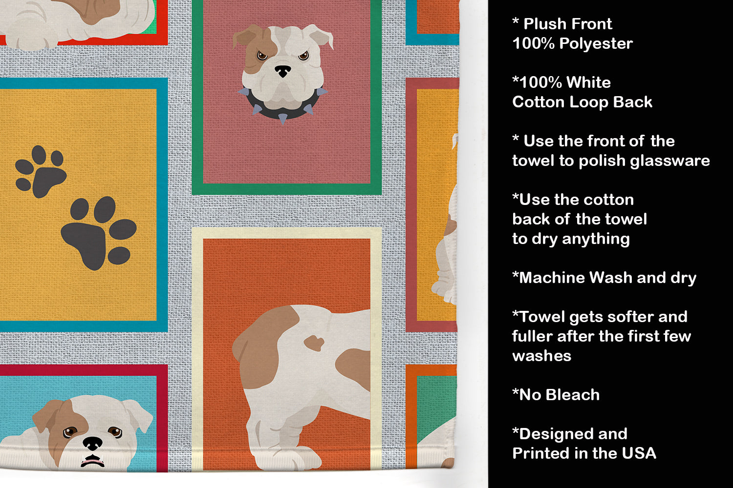 Lots of Piebald English Bulldog Kitchen Towel Velour Plush Front and Cotton Loop Back Machine Washable