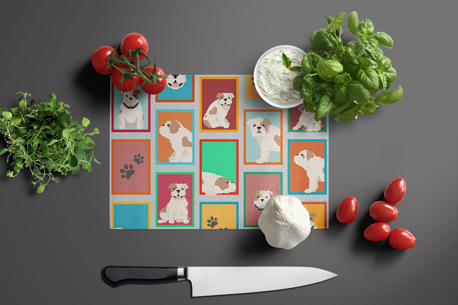 Lots of Piebald English Bulldog Cutting Board Tempered Glass Kitchen Cutting Surface, Heat Resistant Chopping, Non-Slip Feet, Food Prep & Serving