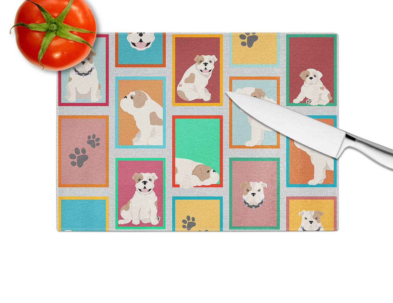 Lots of Piebald English Bulldog Cutting Board Tempered Glass Kitchen Cutting Surface, Heat Resistant Chopping, Non-Slip Feet, Food Prep & Serving