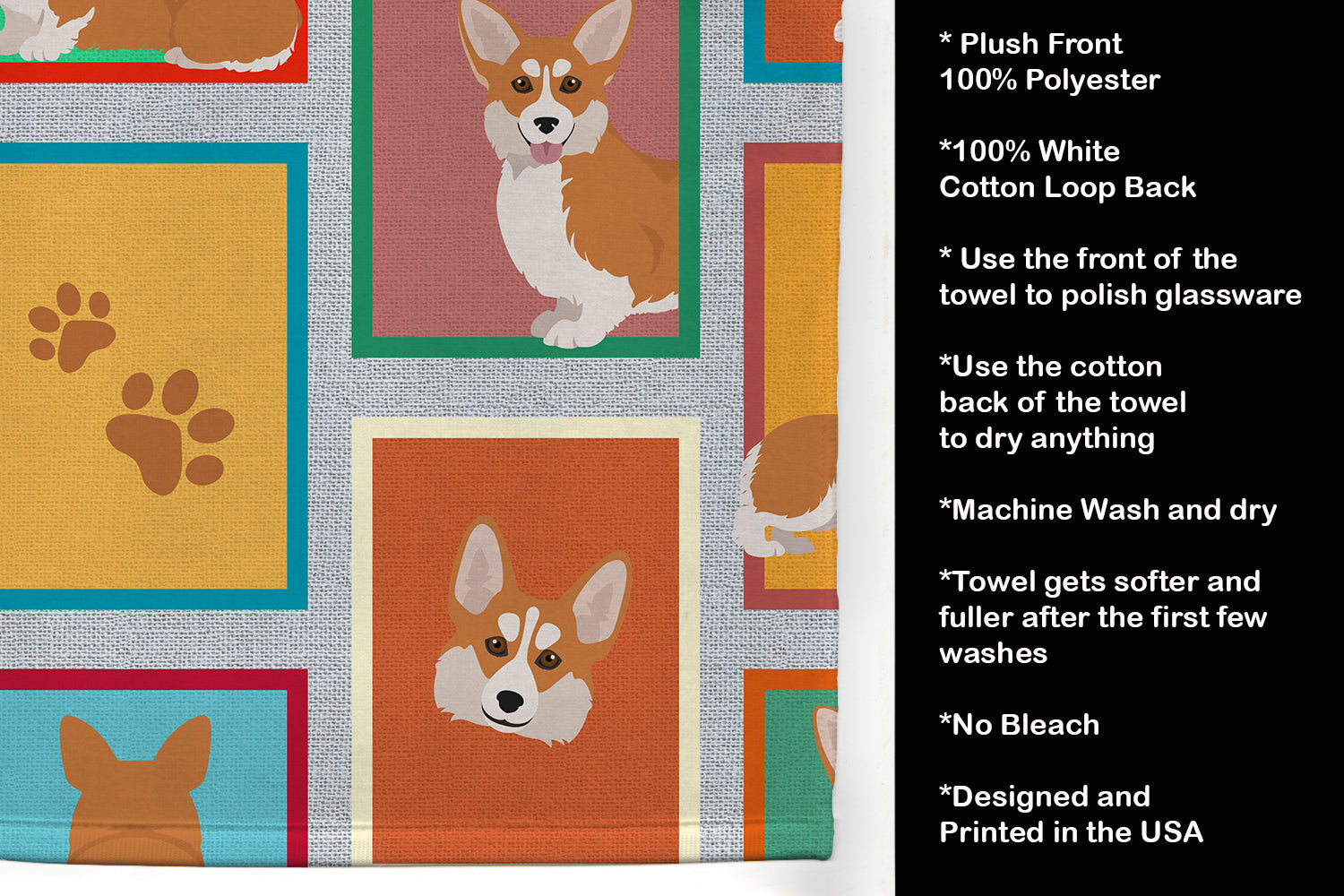 Lots of Red and White Pembroke Corgi Kitchen Towel Velour Plush Front and Cotton Loop Back Machine Washable
