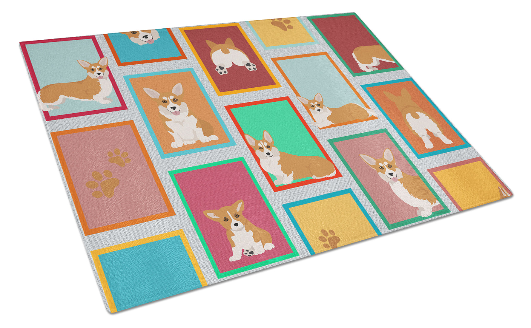 Lots of Red and White Pembroke Corgi Cutting Board Tempered Glass Kitchen Cutting Surface, Heat Resistant Chopping, Non-Slip Feet, Food Prep & Serving