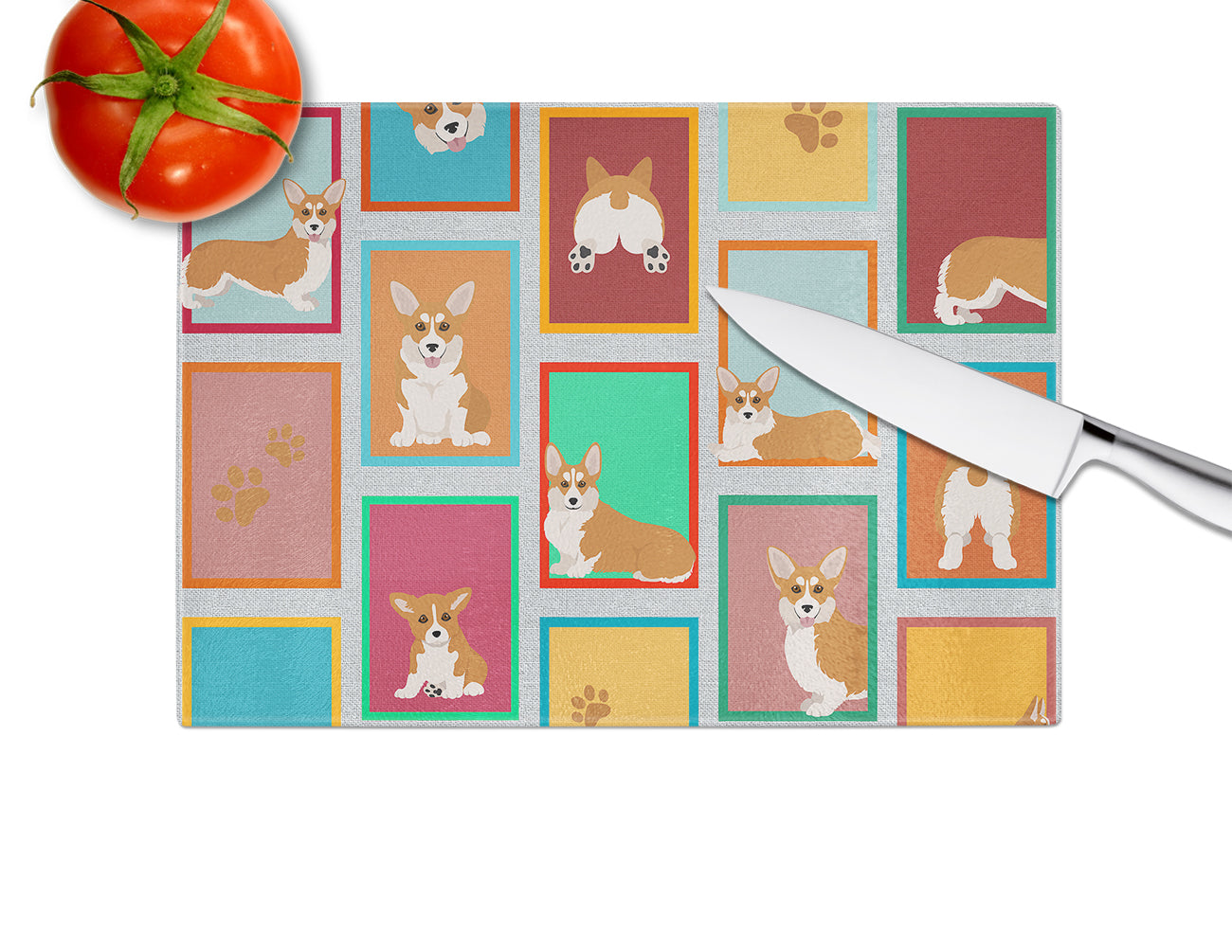 Lots of Red and White Pembroke Corgi Cutting Board Tempered Glass Kitchen Cutting Surface, Heat Resistant Chopping, Non-Slip Feet, Food Prep & Serving
