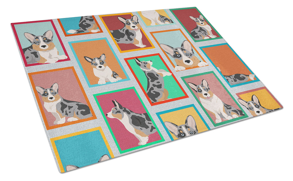 Lots of Blue Merle Welsh Cardigan Corgi Cutting Board Tempered Glass Kitchen Cutting Surface, Heat Resistant Chopping, Non-Slip Feet, Food Prep & Serving