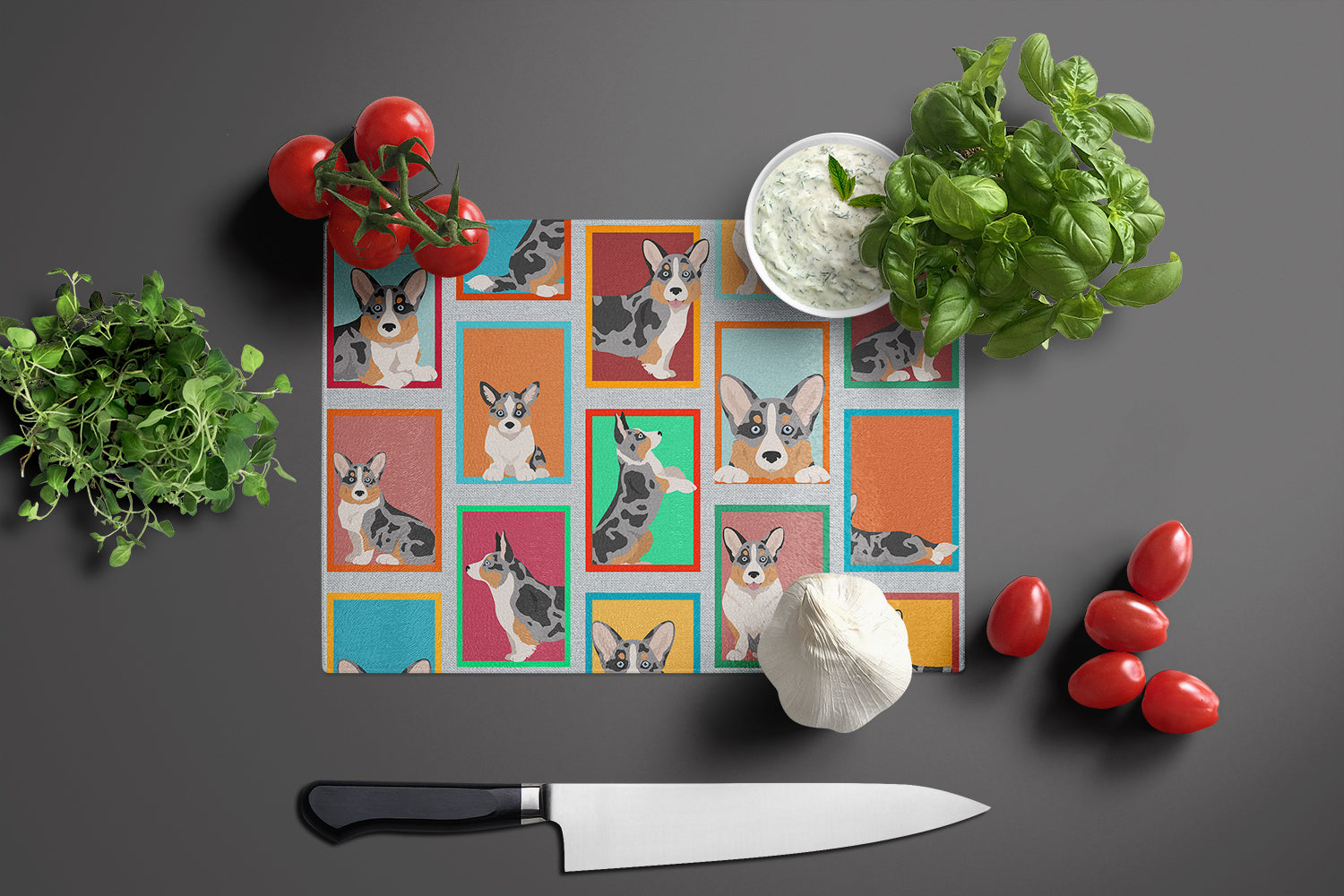 Lots of Blue Merle Welsh Cardigan Corgi Cutting Board Tempered Glass Kitchen Cutting Surface, Heat Resistant Chopping, Non-Slip Feet, Food Prep & Serving